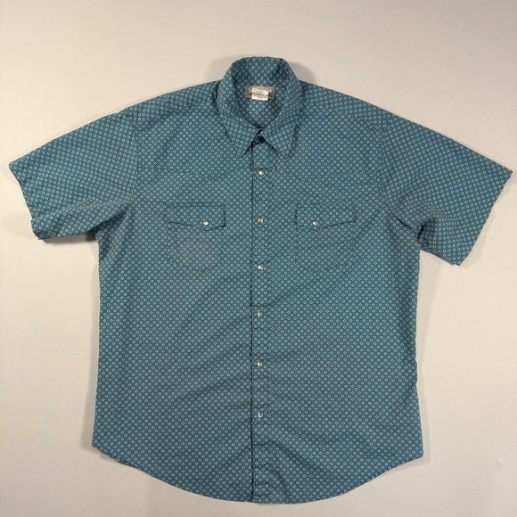 Wrangler Wrancher Shirt Mens XL Blue Geometric Pearl Snap Western Short Sleeve - Picture 5 of 6